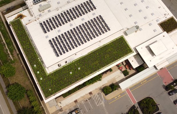 PV System and Green Roof share the same roof in different locations (least preferable solution)